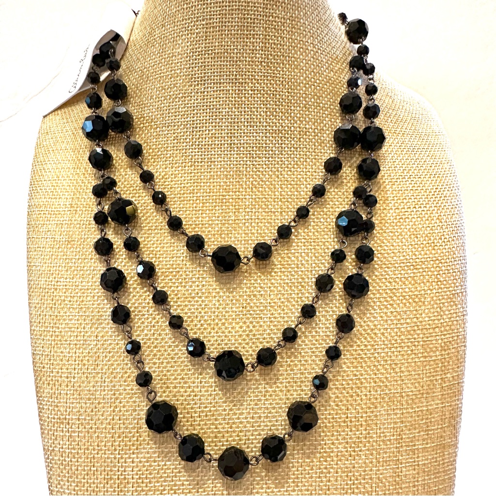 Nwt Allison Reed Necklace Black / Gunmetal Chain W/ Black Glass Beads - Layered